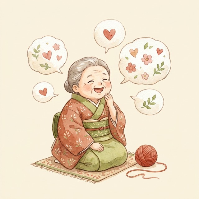楽しそうにおしゃべりするおばあちゃんの水彩イラスト
