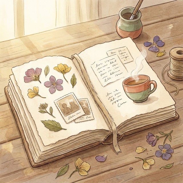 押し花と写真が挟まれたノートの水彩イラスト