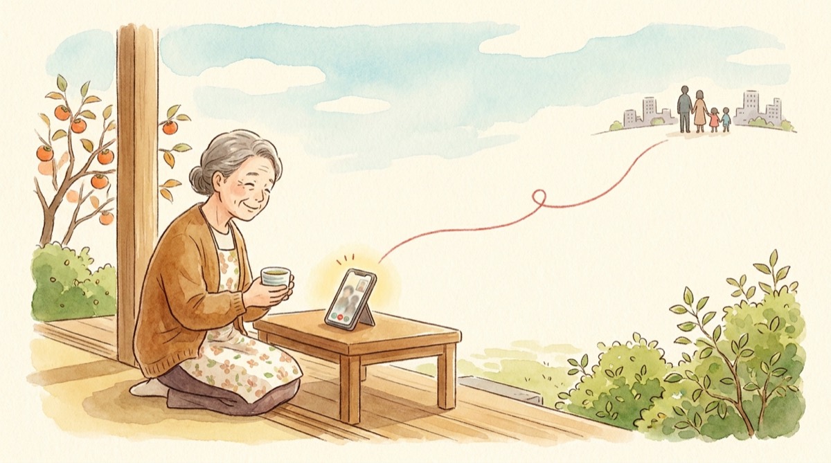 縁側でお茶を飲みながら、スマホ越しに家族とつながるおばあちゃんの水彩イラスト